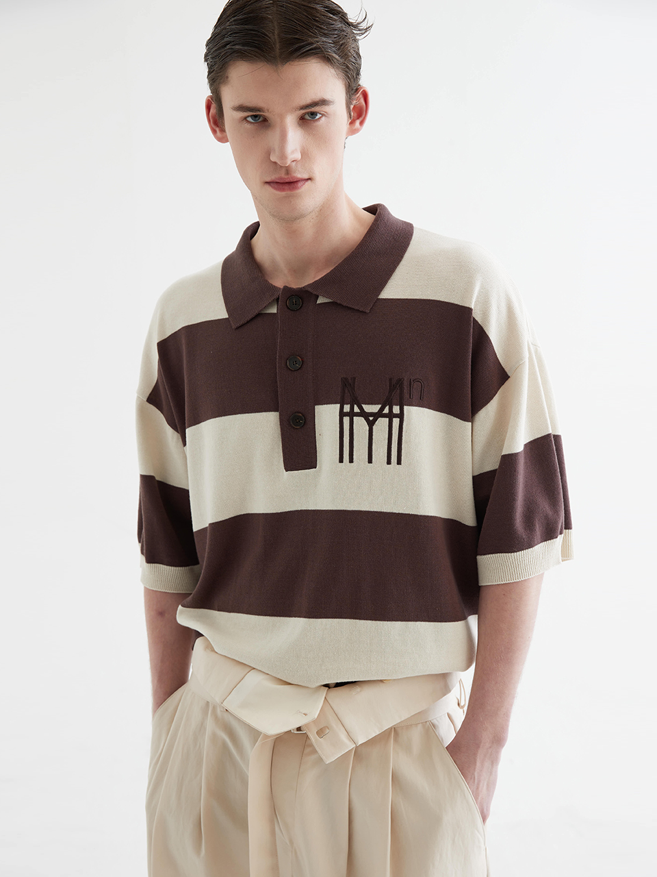 [하이투] PK Collar Striped Knit Sweater Brown