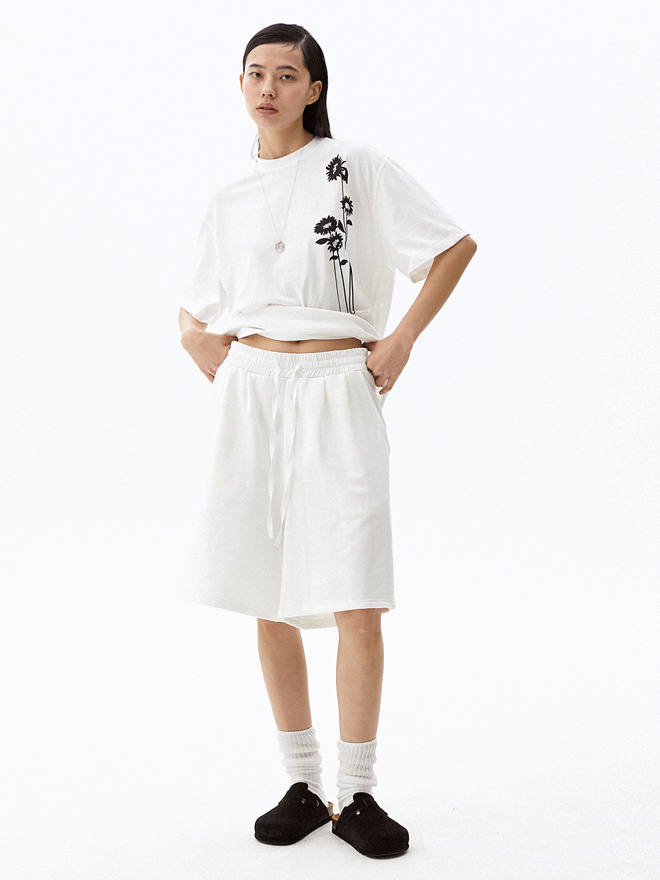 Color Block Waistband Sweat Shorts Off White