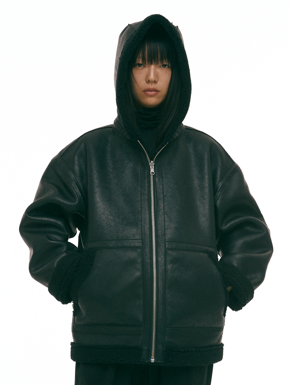 Reversible Hooded Shearling Jacket Black