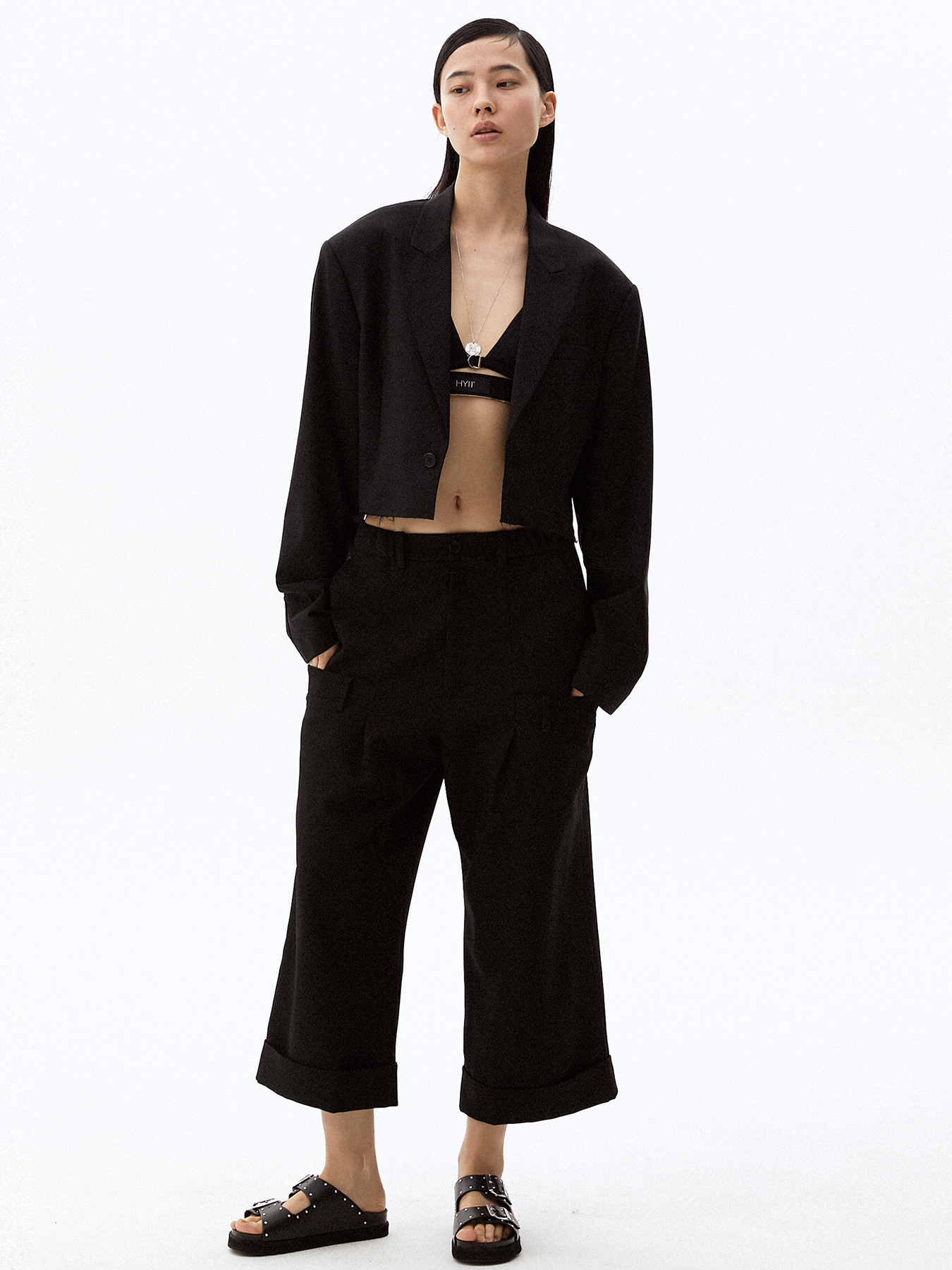 Double Waistband Wide Cropped Pants Black